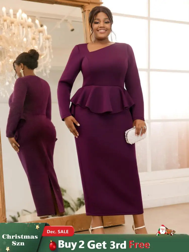 AOMEIDRESS Purple Pencil Dress Asymmetrical Neck Long Sleeves Ruffles Purple / S