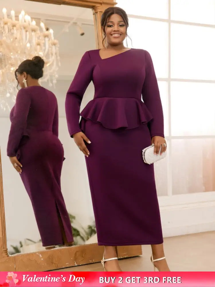 AOMEIDRESS Purple Pencil Dress Asymmetrical Neck Long Sleeves Ruffles Purple / S