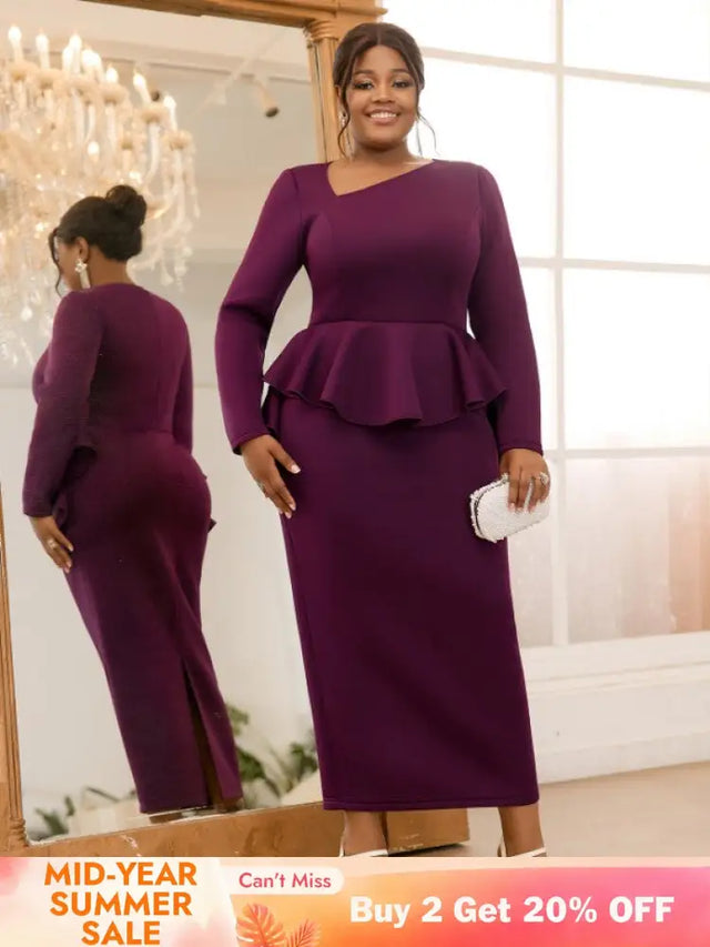 AOMEIDRESS Purple Pencil Dress Asymmetrical Neck Long Sleeves Ruffles Purple / S