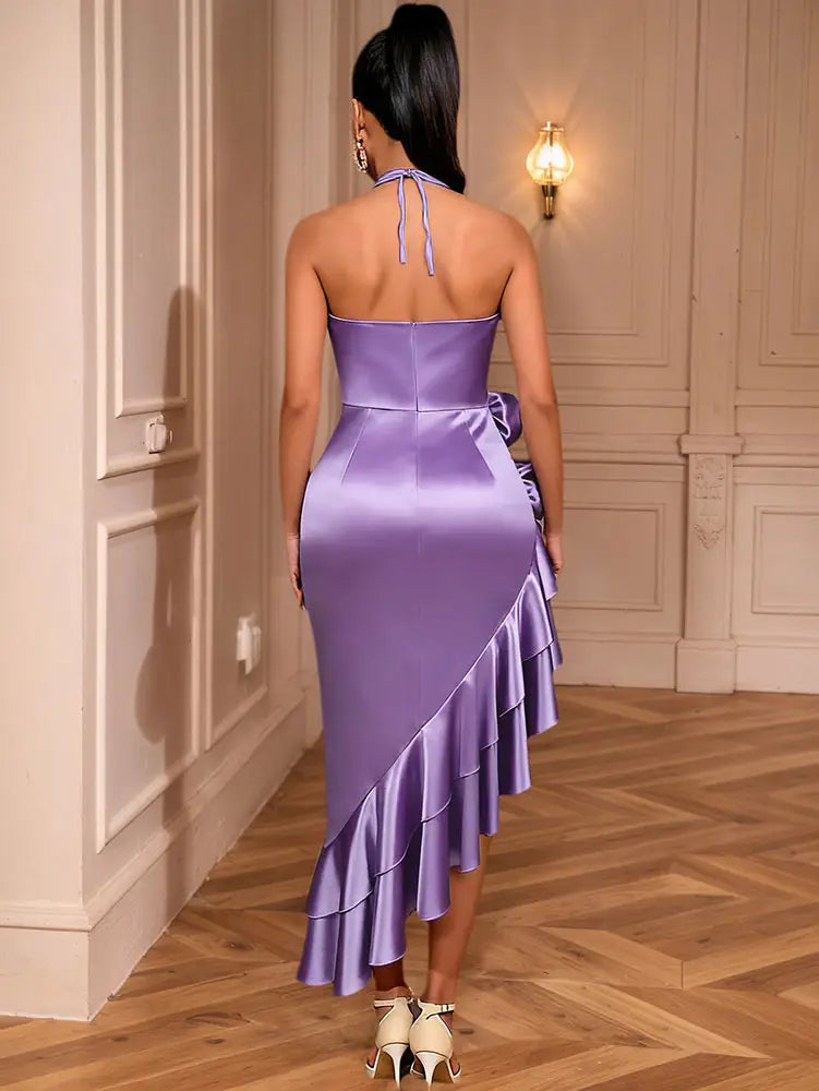 AOMEIDRESS Purple Satin Halter Bodycon Dress Irregular Ruffle Hem