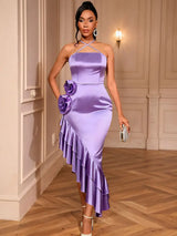 AOMEIDRESS Purple Satin Halter Bodycon Dress Irregular Ruffle Hem
