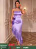 AOMEIDRESS Purple Satin Halter Bodycon Dress Irregular Ruffle Hem Purple / S
