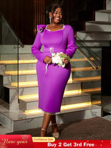 AOMEIDRESS Purple Wedding Guest Dress Long Sleeve Pearl Chain