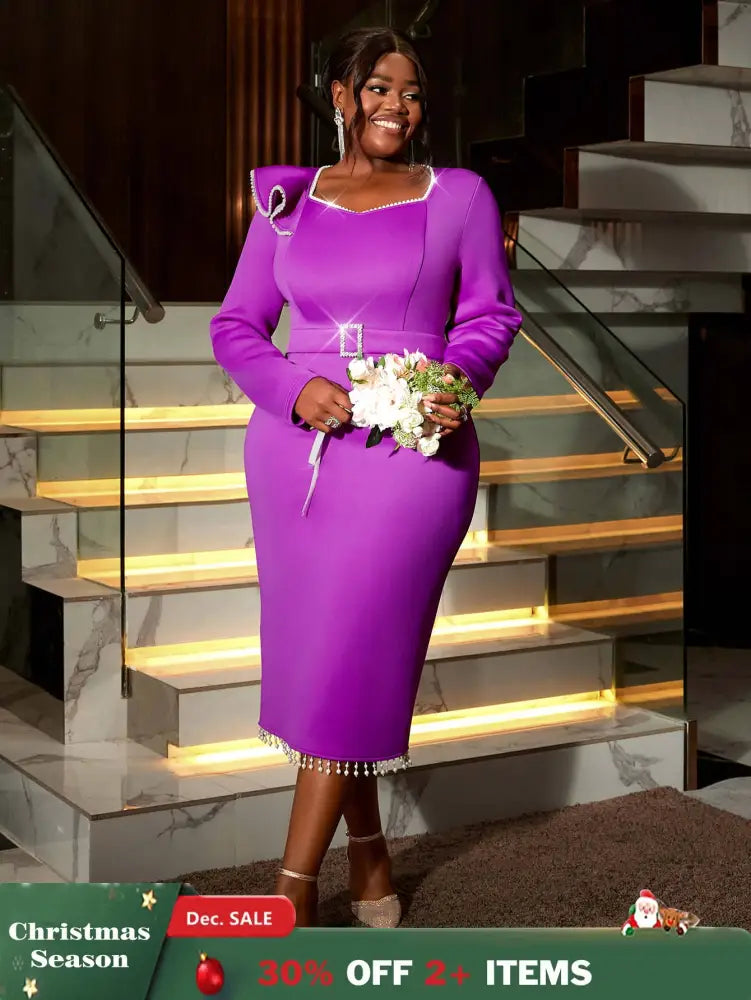 AOMEIDRESS Purple Wedding Guest Dress Long Sleeve Pearl Chain