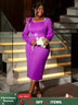 AOMEIDRESS Purple Wedding Guest Dress Long Sleeve Pearl Chain