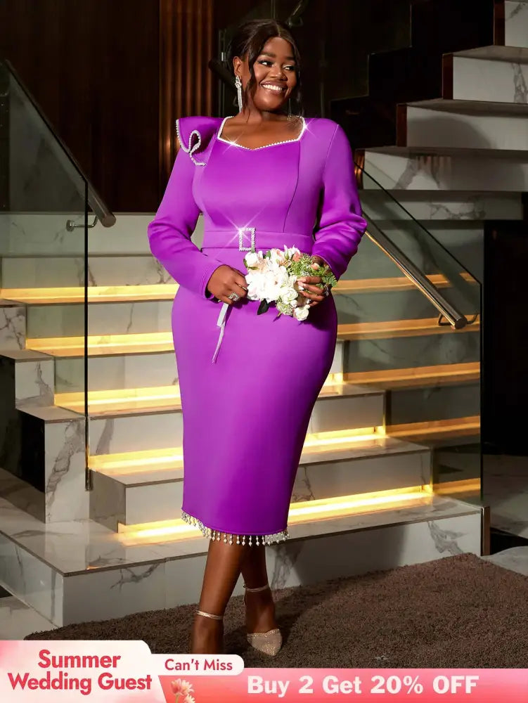 AOMEIDRESS Purple Wedding Guest Dress Long Sleeve Pearl Chain