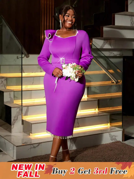 AOMEIDRESS Purple Wedding Guest Dress Long Sleeve Pearl Chain