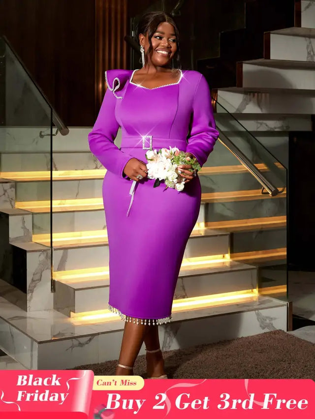 AOMEIDRESS Purple Wedding Guest Dress Long Sleeve Pearl Chain