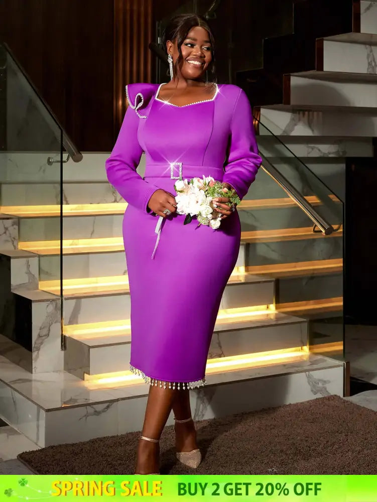 AOMEIDRESS Purple Wedding Guest Dress Long Sleeve Pearl Chain