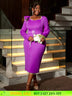 AOMEIDRESS Purple Wedding Guest Dress Long Sleeve Pearl Chain