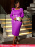 AOMEIDRESS Purple Wedding Guest Dress Long Sleeve Pearl Chain