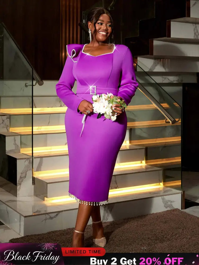 AOMEIDRESS Purple Wedding Guest Dress Long Sleeve Pearl Chain