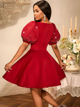 AOMEIDRESS Red Birthday Dress Short Sleeve A Line Pleated Mini Dress
