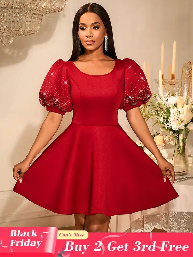 AOMEIDRESS Red Birthday Dress Short Sleeve A Line Pleated Mini Dress Wine / S