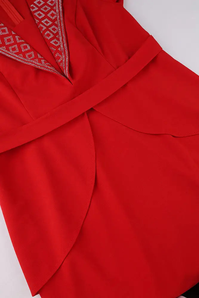 AOMEIDRESS Red Bodycon Dress with Rhinestone Collar Party Occasions