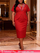 AOMEIDRESS Red Bodycon Dress with Rhinestone Collar Party Occasions Red / L