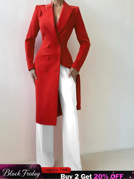 AOMEIDRESS Red Double Breasted V Neck Long Blazer Coat Office Wear