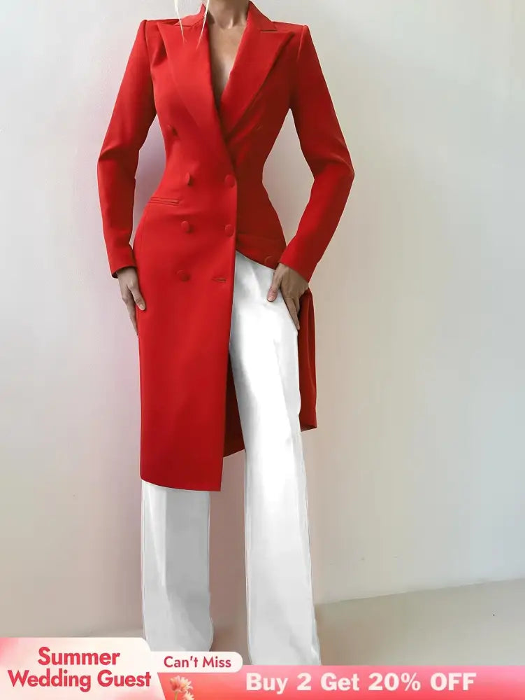 AOMEIDRESS Red Double Breasted V Neck Long Blazer Coat Office Wear