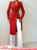 AOMEIDRESS Red Double Breasted V Neck Long Blazer Coat Office Wear