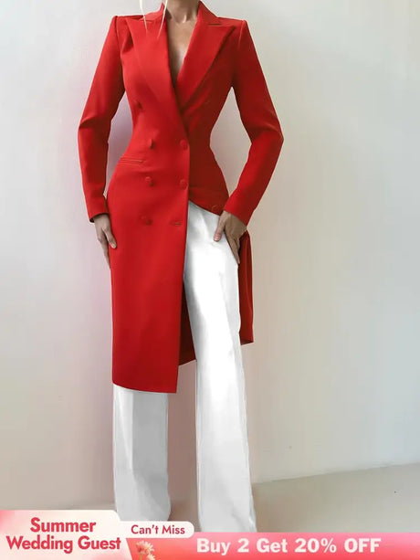 AOMEIDRESS Red Double Breasted V Neck Long Blazer Coat Office Wear