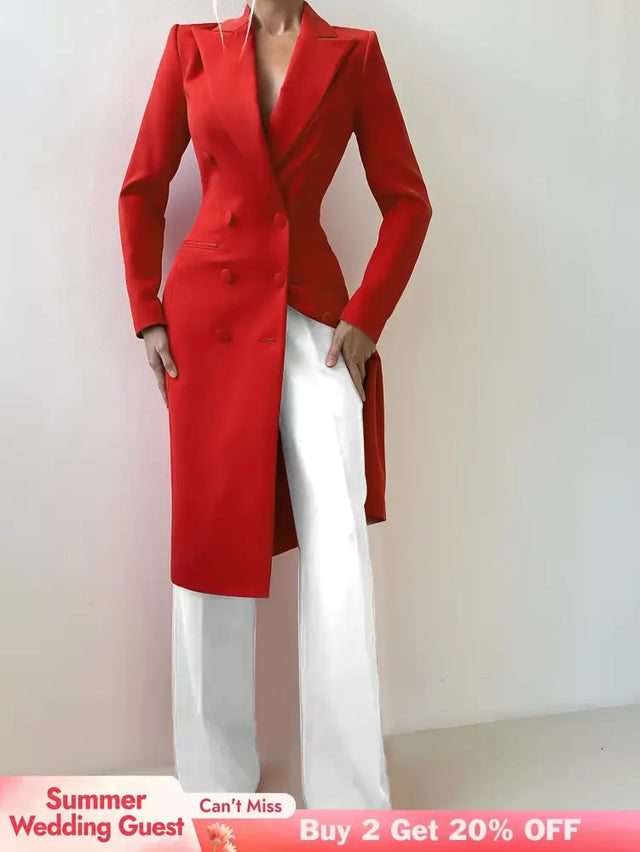 AOMEIDRESS Red Double Breasted V Neck Long Blazer Coat Office Wear