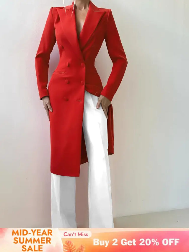 AOMEIDRESS Red Double Breasted V Neck Long Blazer Coat Office Wear