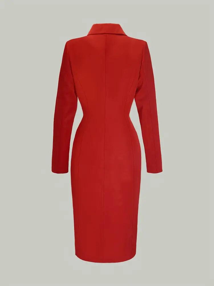 AOMEIDRESS Red Double Breasted V Neck Long Blazer Coat Office Wear