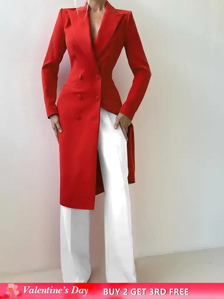 AOMEIDRESS Red Double Breasted V Neck Long Blazer Coat Office Wear