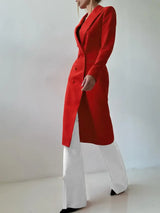 AOMEIDRESS Red Double Breasted V Neck Long Blazer Coat Office Wear