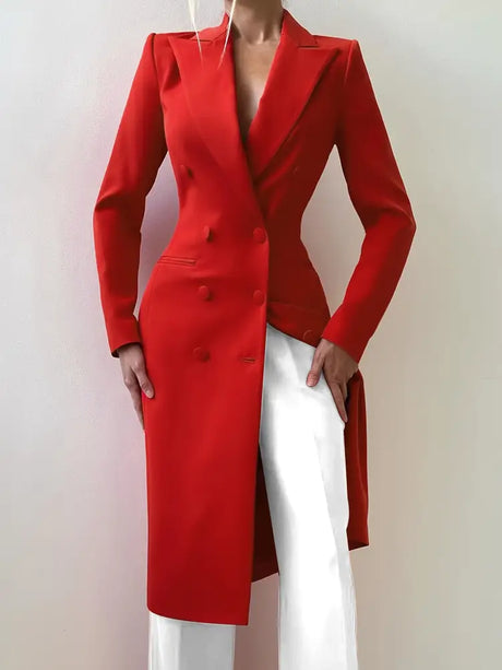 AOMEIDRESS Red Double Breasted V Neck Long Blazer Coat Office Wear Red / S