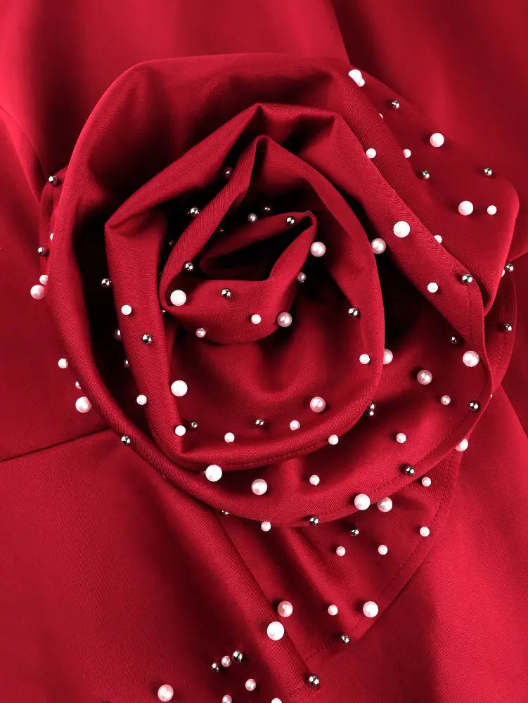 AOMEIDRESS Red Elegant Bodycon Dress 3D Floral Pearl New Year Gowns