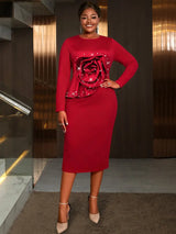 AOMEIDRESS Red Elegant Bodycon Dress 3D Floral Pearl New Year Gowns