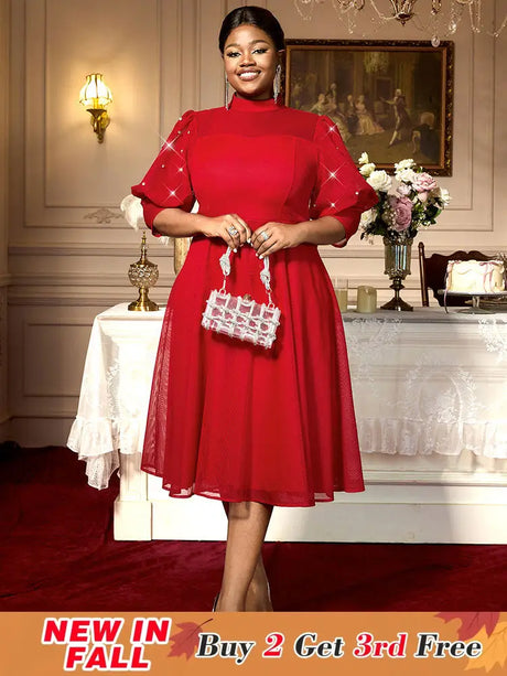 AOMEIDRESS Red Mesh Dress Party Prom Turtleneck Lantern Sleeve A Line Red / 0XL