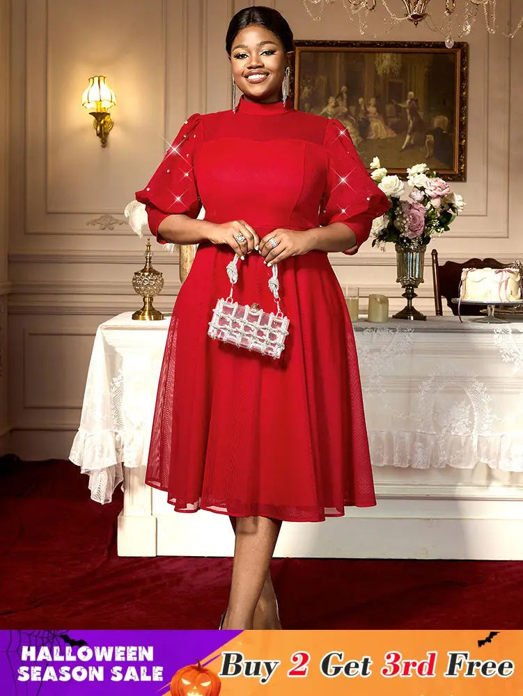 AOMEIDRESS Red Mesh Dress Party Prom Turtleneck Lantern Sleeve A Line Red / 0XL