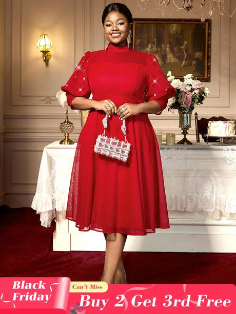 AOMEIDRESS Red Mesh Dress Party Prom Turtleneck Lantern Sleeve A Line Red / 0XL