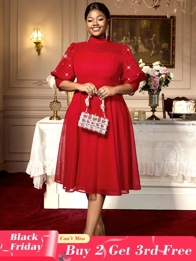 AOMEIDRESS Red Mesh Dress Party Prom Turtleneck Lantern Sleeve A Line Red / 0XL