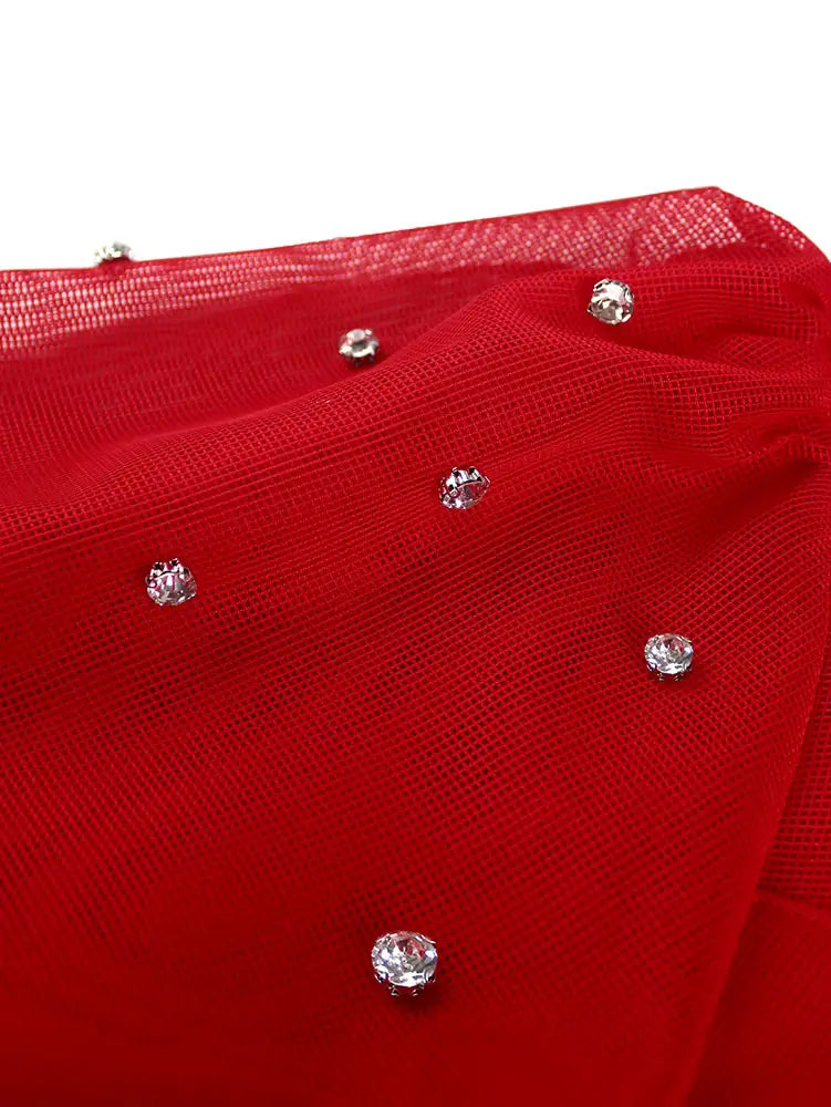AOMEIDRESS Red Mesh Dress Party Prom Turtleneck Lantern Sleeve A Line