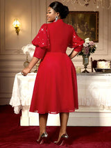 AOMEIDRESS Red Mesh Dress Party Prom Turtleneck Lantern Sleeve A Line
