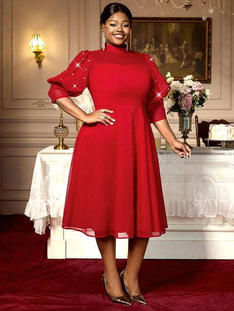 AOMEIDRESS Red Mesh Dress Party Prom Turtleneck Lantern Sleeve A Line