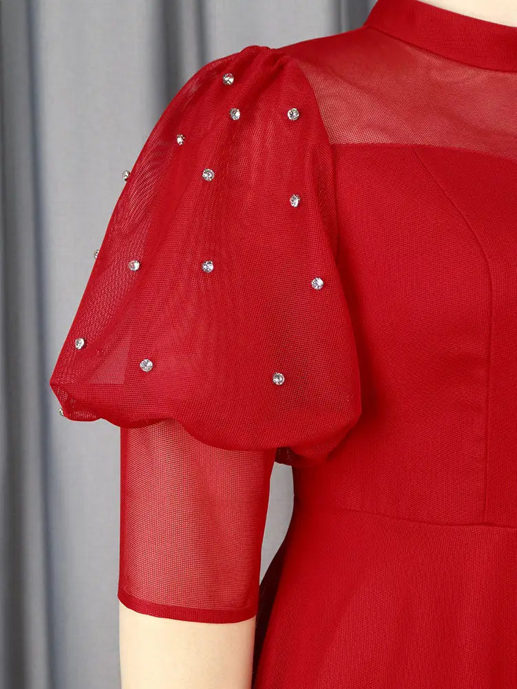 AOMEIDRESS Red Mesh Dress Party Prom Turtleneck Lantern Sleeve A Line