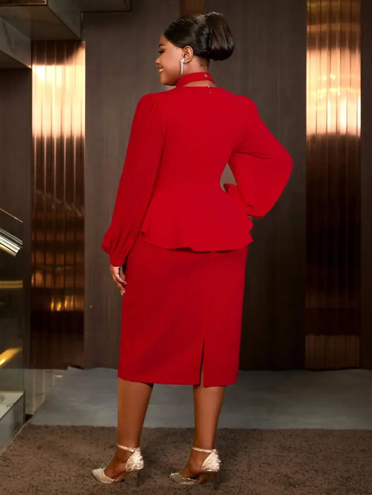 AOMEIDRESS Red Midi Wedding Guest Dress Long Sleeve Lace Detail
