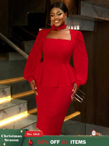 AOMEIDRESS Red Midi Wedding Guest Dress Long Sleeve Floral Trim Fit