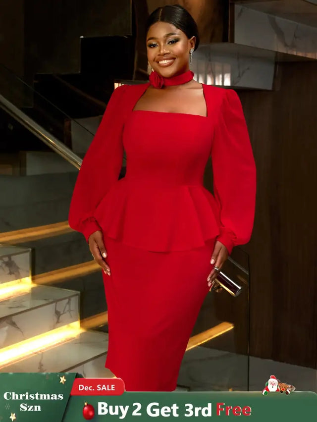 AOMEIDRESS Red Midi Wedding Guest Dress Long Sleeve Floral Trim Fit