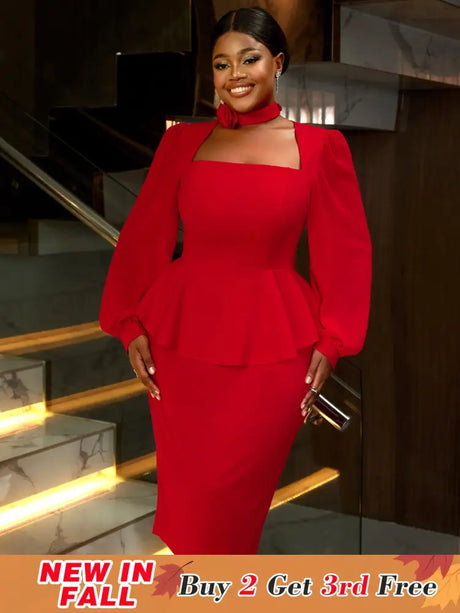 AOMEIDRESS Red Midi Wedding Guest Dress Long Sleeve Floral Trim Fit