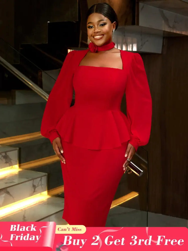 AOMEIDRESS Red Midi Wedding Guest Dress Long Sleeve Floral Trim Fit