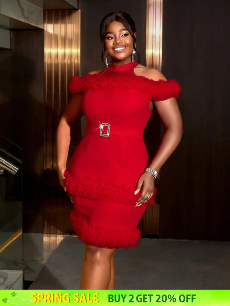 AOMEIDRESS Red Mini Dress Halter Cold Shoulder Patchwork Mesh Ruffles Red / S