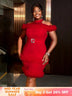 AOMEIDRESS Red Mini Dress Halter Cold Shoulder Patchwork Mesh Ruffles Red / S