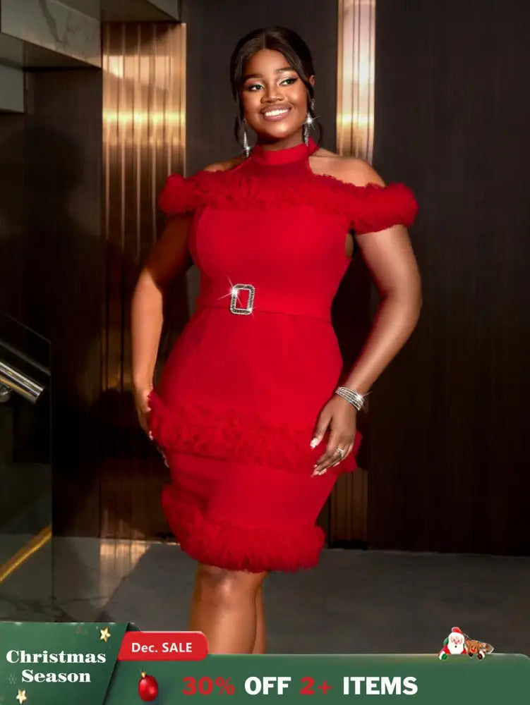 AOMEIDRESS Red Mini Dress Halter Cold Shoulder Patchwork Mesh Ruffles Red / S