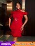 AOMEIDRESS Red Mini Dress Halter Cold Shoulder Patchwork Mesh Ruffles Red / S