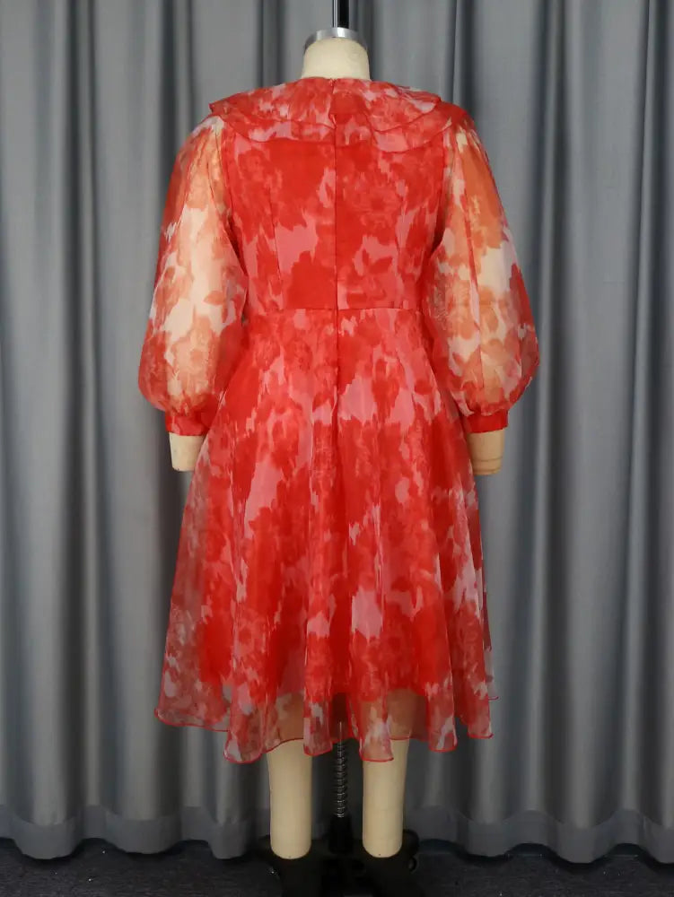 AOMEIDRESS Red Print Puff Sleeve Wedding Party Dress Flowy
